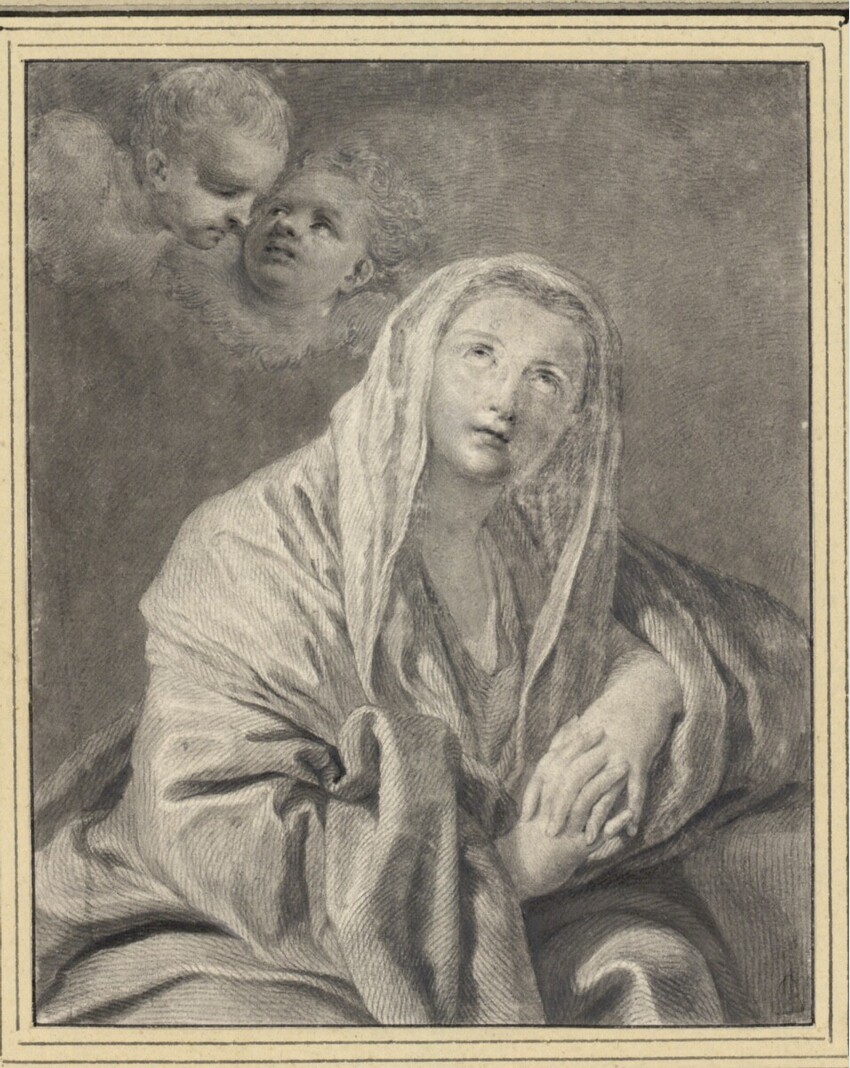 Ephraim Gottlieb Krüger (Dresden 1756 - 1834 Dresden) | Kopie nach Francesco Solimena: Maria als Schmerzensmutter | Displayed motifs: Putto, Human face, Veil, Woman, Clothing, Person, Man, 