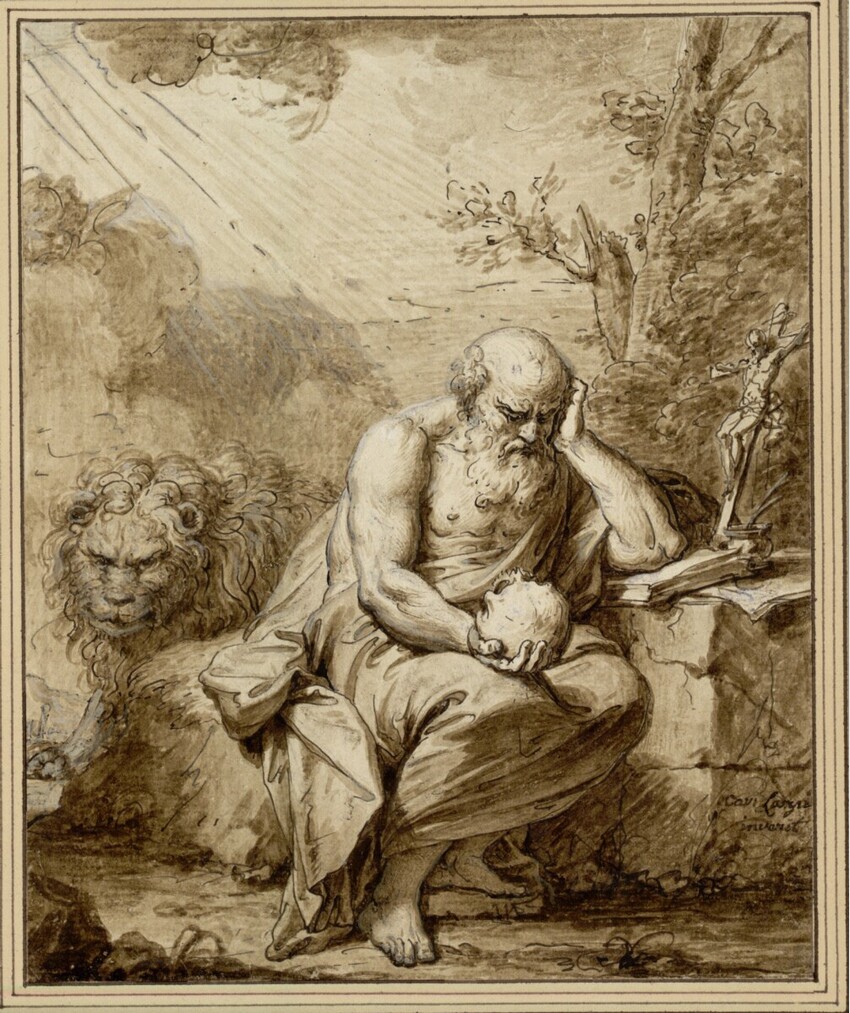 Johann Baptist von Lampi der Ältere (Romeno 1751 - 1830 Wien) | Hieronymus in der Wüste | Displayed motifs: Human face, Lion, Latin cross, Person, Putto, Human head, Crucifixion, 