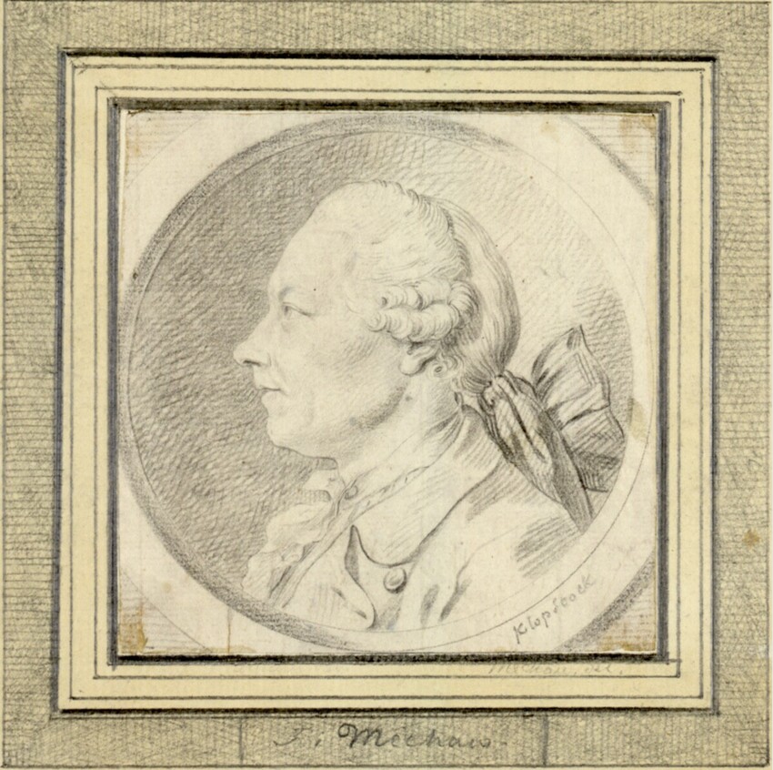 Jacob Wilhelm Mechau (Leipzig 1745 - 1808 Dresden) | Porträtmedaillon: Friedrich Gottlieb Klopstock im Profil nach links | Displayed motifs: Human face, Person, Clothing, Halo, 