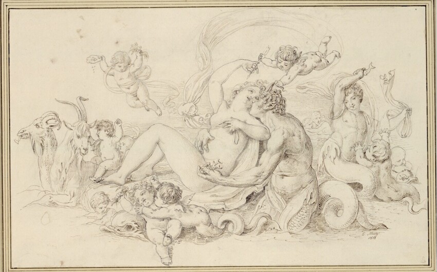 Johann Conrad Wilhelm Martin Metz (Bonn 1749 - 1827 Rom) | Nymphe mit Tritonen und Amoretten im Wasser | Displayed motifs: Putto, Person, Human face, Animal, Woman, 