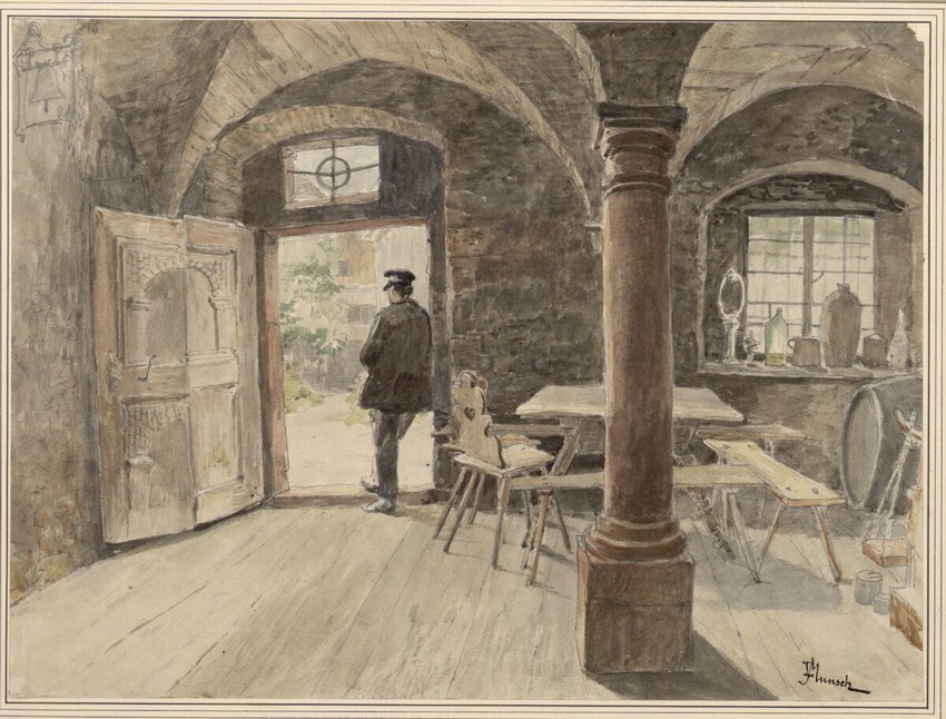 Leopold Munsch (Wien 1826 - 1888 Pressburg) | Vestibül im Bauernhaus zu Goisern bei Ischl | Displayed motifs: Building, Clothing, Door, Chair, Man, Person, Furniture, 