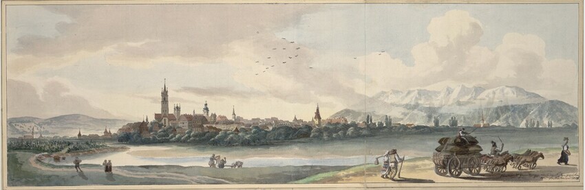 Franz Neuhauser der Jüngere (Rumänien, 1763 - 1836) | Panorama von Hermannstadt in Siebenbürgen | Displayed motifs: Tower, Land vehicle, Wheel, 