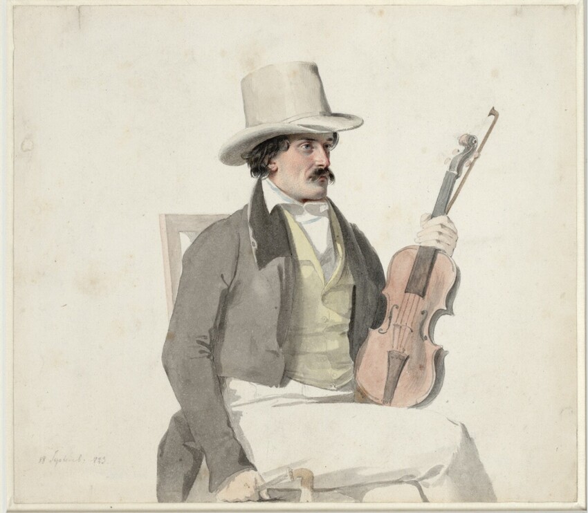 Wilhelm August Rieder (Wien 1796 - 1880 Wien) | Der Violonist Kneisel | Displayed motifs: Man, Miter, Clothing, Footwear, Violin, Human face, Fedora, 