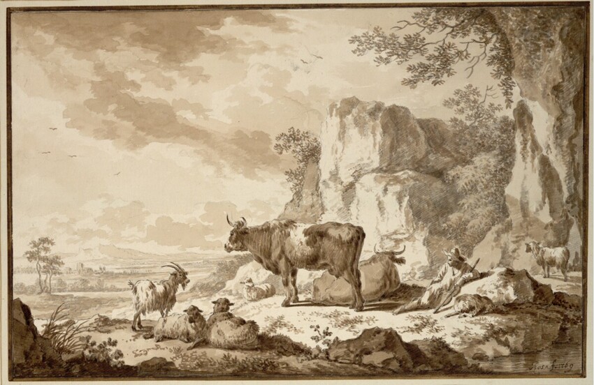 Joseph Rosa (Wien 1726 - 1805 Wien) | Hirte mit Herde auf kleiner felsiger Anhöhe, im Ausblicke weite Landschaft | Displayed motifs: Cattle, Goat, Tree, Animal, Plant, 