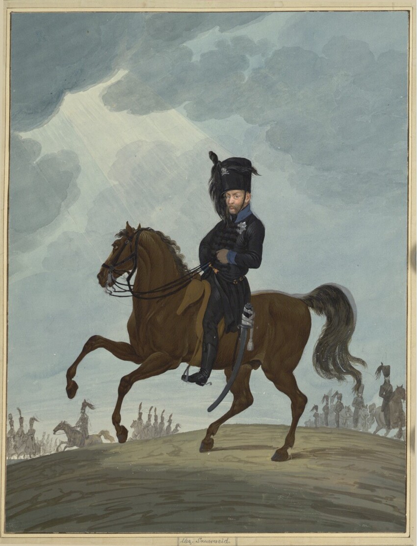 Alexander Iwanowitsch Sauerweid (Kurland 1783 - 1844 St. Petersburg) | Der Herzog von Braunschweig zu Pferd in der Uniform der "Schwarzen" oder des "Corps der Rache" | Displayed motifs: Horse, Person, Clothing, 