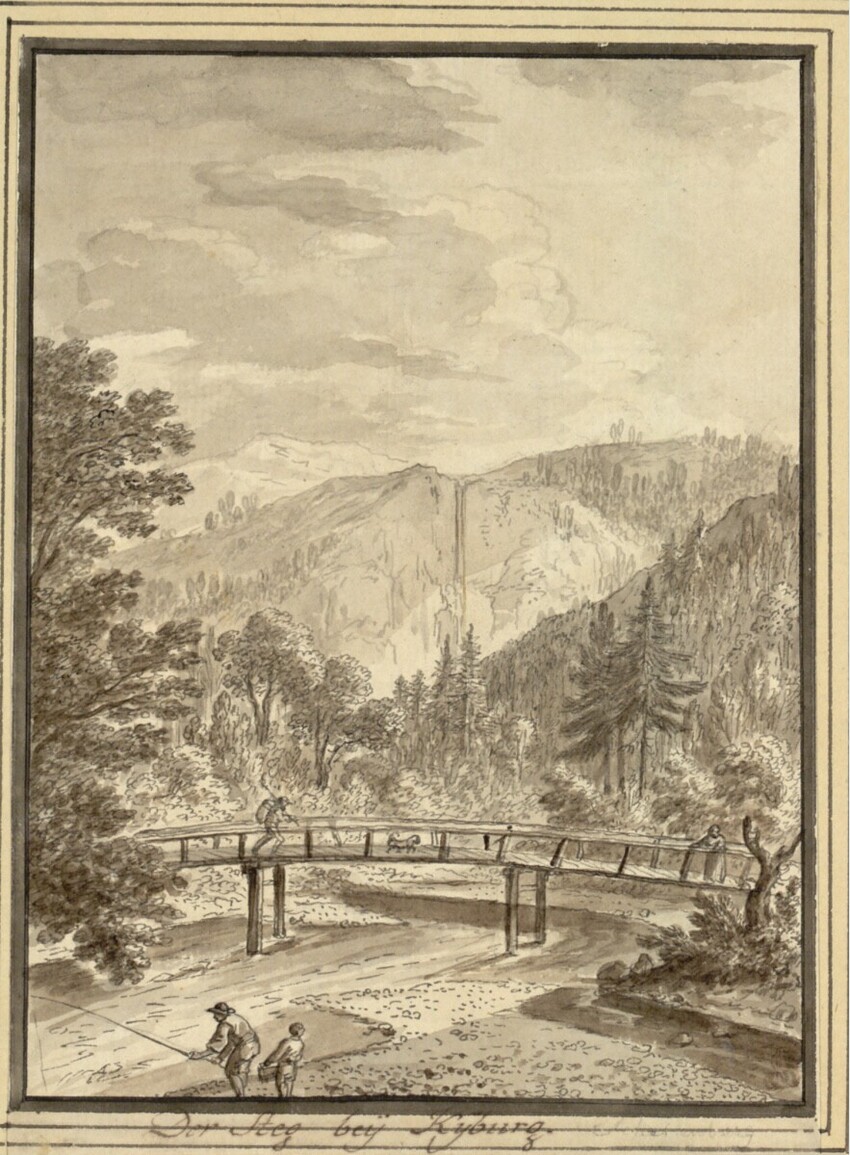 Johann Rudolf Schellenberg (Basel 1740 - 1806 Töß bei Winterthur) | Die Tößbrücke bei Kyburg in der Schweiz | Displayed motifs: Tree, Bench, Person, 