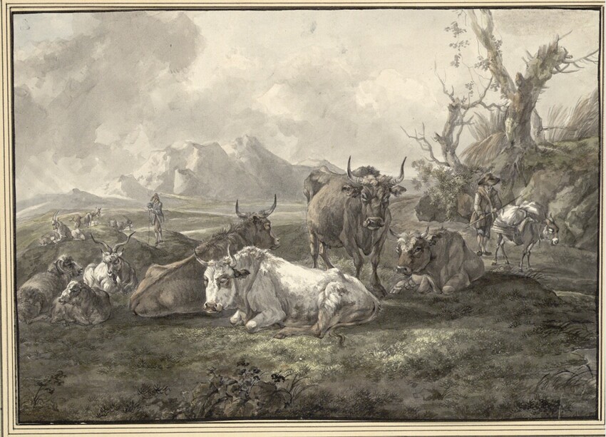 Gottlieb Schiffner (Großschönau, Sachsen 1755 - 1795 Dresden) | Viehherde und Hirte auf der Weide | Displayed motifs: Camel, Cattle, Animal, Person, Tree, 