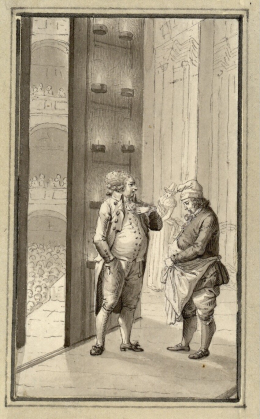 Johann David Schubert (Dresden 1761 - 1822 Dresden) | "Wissen Sie wer gepfiffen hat? ich!" | Displayed motifs: Clothing, Footwear, Door, Man, Person, 