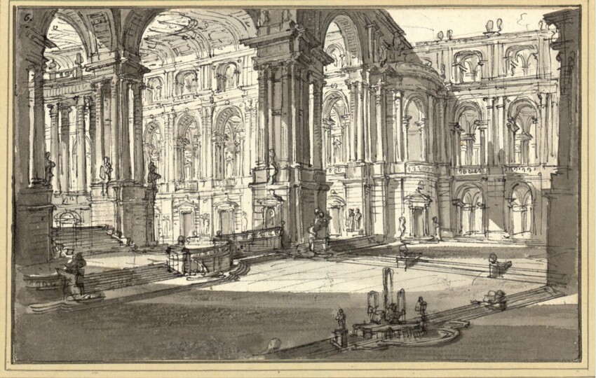 Carl Schütz (Laibach 1745 - 1800 Wien) | Une de douze pièces representant des morceaux d'Architecture pour des Décorations Theatrales | Displayed motifs: Building, 