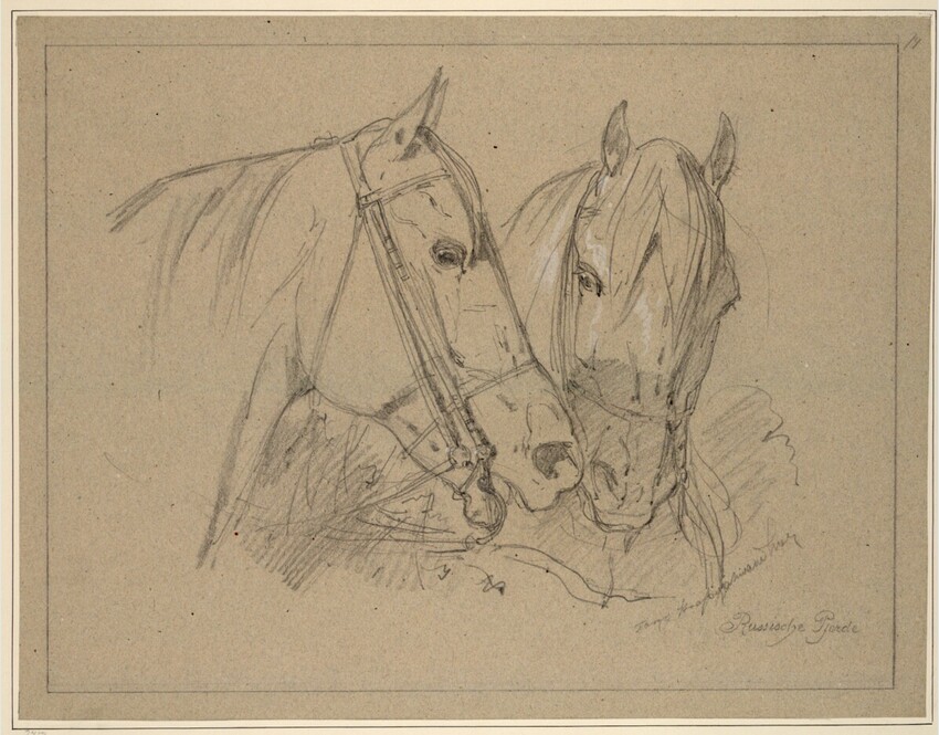 Anton Strassgschwandtner (Wien 1826 - 1881 Wien) | Reitpferde galoppierend | Displayed motifs: Horse, Halo, Latin cross, Miter, 