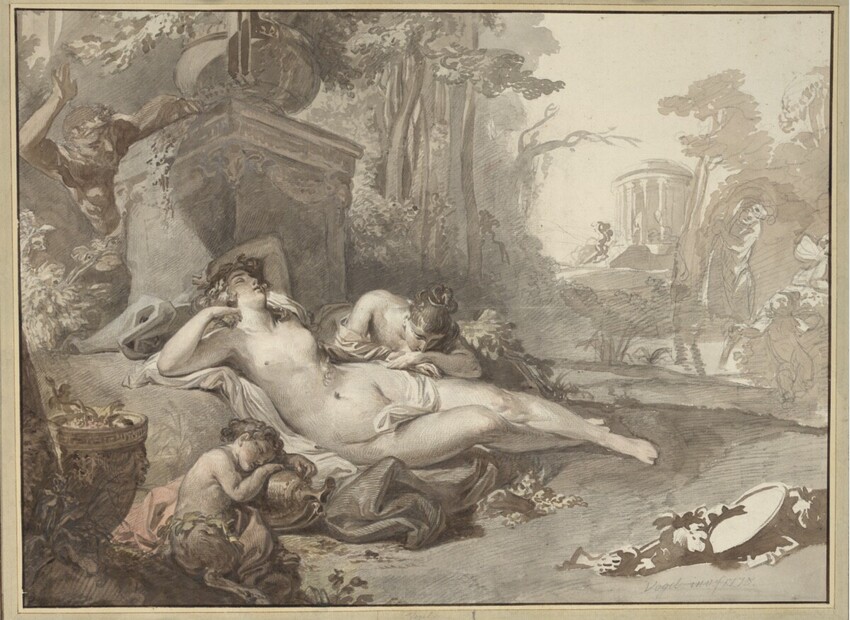 Christian Leberecht Vogel (Dresden 1759 - 1816 Dresden) | Zwei schlafenden Bacchantinnen und ein Faunkind, von einem Satyr beobachtet | Displayed motifs: Person, Mammal, 