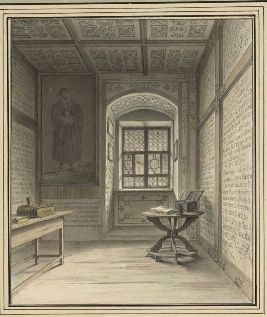 Georg Christian Wilder (Nürnberg 1797 - 1855 Nürnberg) | "Zelle Dr. Martin Luthers im Augustiner Kloster zu Erfurth in welchem Er von 1505 bis 1507 lebte." | Displayed motifs: Window, Table, House, Clothing, Building, Person, Coffee table, 