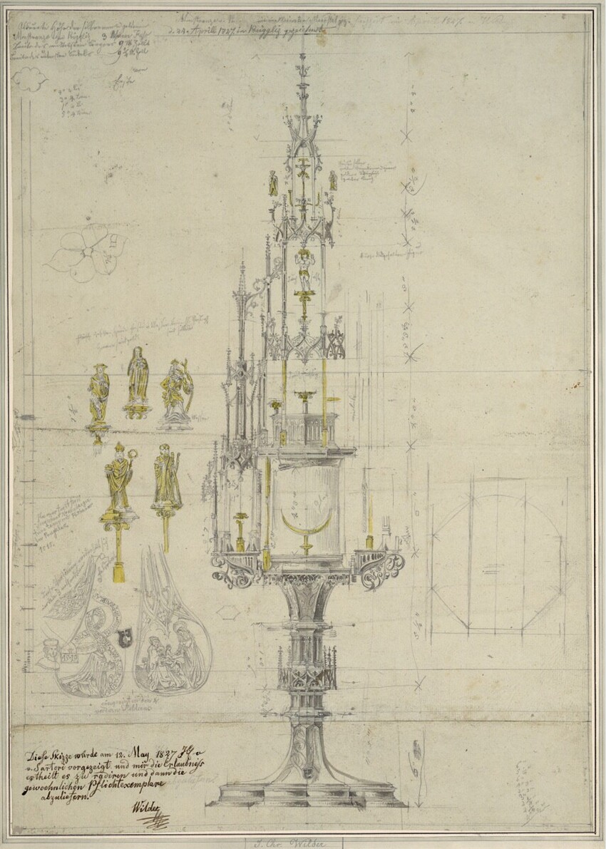 Georg Christian Wilder (Nürnberg 1797 - 1855 Nürnberg) | Entwurfszeichnung mit Detailstudien für die Monstranz der Kirche von Prigglitz bei Wiener Neustadt | Displayed motifs: Coat of arms, Lamp, Clothing, Person, 