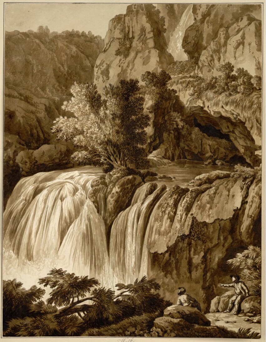 Michael Wutky (Krems 1739-1823 Wien) | Landschaft mit Wasserfall | Displayed motifs: Tree, Palm tree, Person, Mammal, 