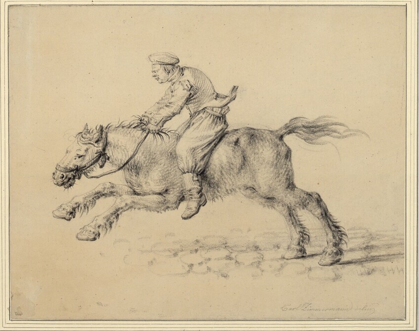 Carl Friedrich Zimmermann (Berlin 1796 - 1820 Loisach (Fluss) bei Wolfratshausen) | Russischer Soldat in wildem Galopp | Displayed motifs: Animal, Person, Horse, 