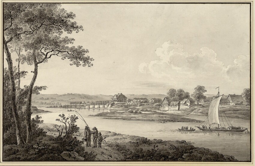 Johann Heinrich Troll (Winterthur 1756 - 1824 Winterthur) | Blick auf Übigau an der Elbe bei Dresden, vom Ostragehege aus | Displayed motifs: Boat, Tree, White dove, 