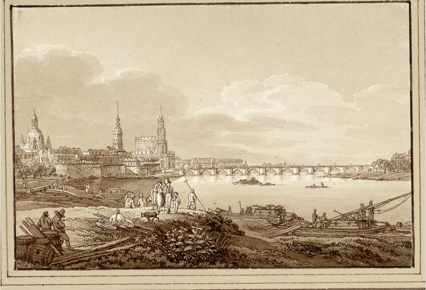 Adrian Zingg (St. Gallen 1734 - 1816 Leipzig) | Blick auf Dresden mit Brücke | Displayed motifs: Tower, Bench, Tree, Building, Man, Person, 