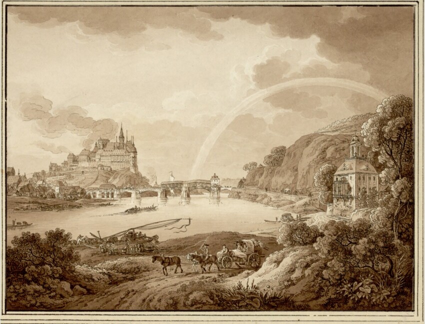 Adrian Zingg (St. Gallen 1734 - 1816 Leipzig) | Blick auf Schloss Meissen mit Brücke | Displayed motifs: Vehicle, Tree, Building, 