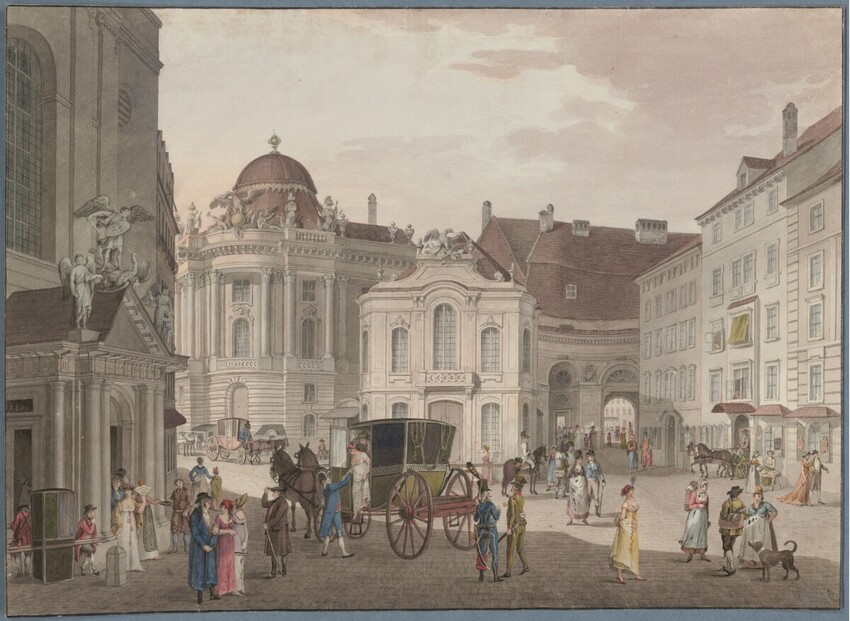 Karl Postl (Bechin (Böhmen) 1769 - 1818 Prag) | Der Michaelerplatz mit dem ehemaligen Hofburgtheater | Displayed motifs: Cart, Coat of arms, Building, White dove, Person, Wheel, Window, 