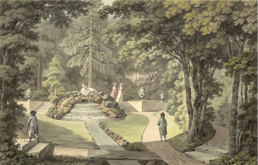 Lorenz Janscha (Radmannsdorf (Krain) 1749 - 1812 Wien) | Vöslauer Park, Grotte | Displayed motifs: Tree, Person, Fountain, Woman, Clothing, 