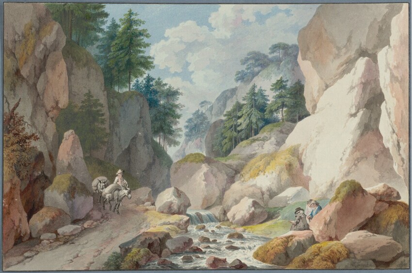 Lorenz Janscha (Radmannsdorf (Krain) 1749 - 1812 Wien) | Maler in der Schlucht (Haidbachergraben) | Displayed motifs: Tree, Horse, Person, Mammal, Animal, 