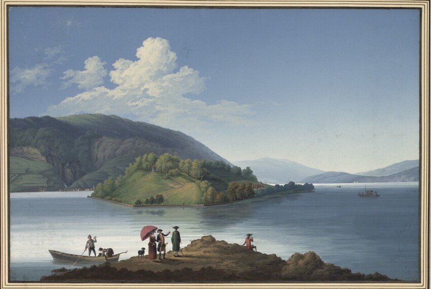 Johann Joseph Hartmann (Augsburg 1753 - 1830 Cotterd in der Schweiz) | Die Petersinsel im Bieler See von Süden im Morgenlicht | Displayed motifs: Person, Umbrella, Vehicle, Tree, Boat, 