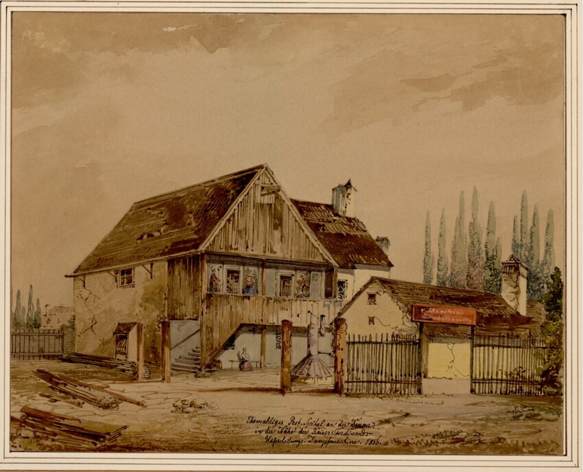 Moritz Leybold (Wien 1806 - 1857 Wien) | Ehemaliges Pestspital an der Donau, in der Nähe der Ferdinands-Wasserleitung | Displayed motifs: House, Tree, 