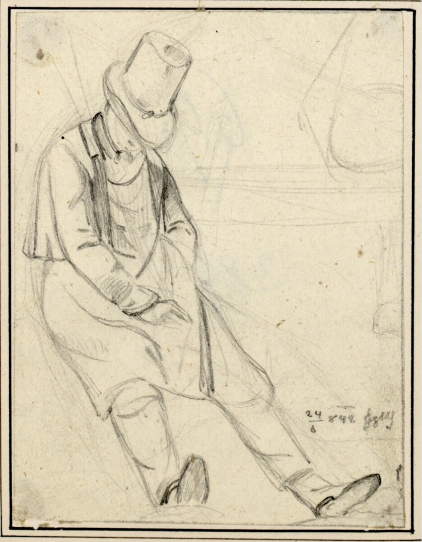 Carl Pischinger (Niederhollabrunn-Streitdorf 1823 - 1886 Liezen) | Sitzender, schlafender Mann mit ausgestreckten Beinen | Displayed motifs: Footwear, Human face, Clothing, Person, Man, 