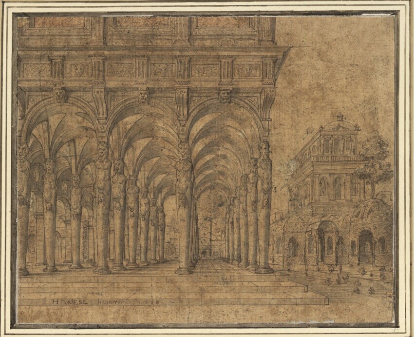 Hans Vredeman de Vries (Leeuwarden/Friesland 1526 - 1606 Hamburg) | Gartenhalle mit Hermen | Displayed motifs: Building, Crucifixion, 