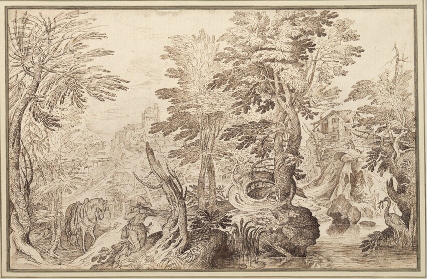 Anonym | Landschaft mit Reiherjäger | Displayed motifs: Tree, Carnivore, Animal, 