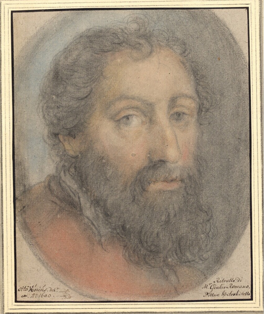 Otho van Veen (Leiden 1556 - 1629 Brüssel) | Bildnis des Giulio Romano | Displayed motifs: Human face, Man, Human beard, Halo, 