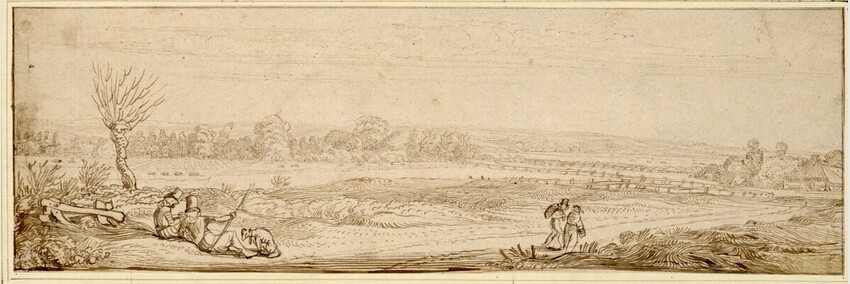 Jan van de Velde II. (der Jüngere) (Delft od. Rotterdam 1593 - 1641 Enkhuizen) | Dünenlandschaft mit zwei Rastenden | Displayed motifs: Tree, Mammal, Person, Plant, 