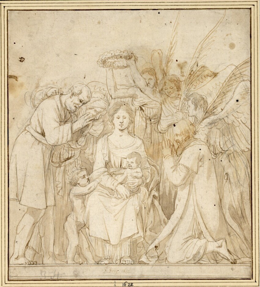 Salomon de Bray (Amsterdam 1597 - 1664 Haarlem) | Thronende Maria mit Christuskind und Johannesknaben, umgeben von Heiligen und Engeln | Displayed motifs: Angel, Person, Madonna, Clothing, Human face, Woman, Man, 