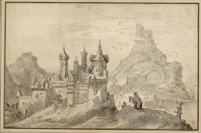 Joos de Momper der Jüngere (Antwerpen 1564 - 1635 Antwerpen) | Schloß in gebirgiger Landschaft | Displayed motifs: Castle, Tower, Person, Mammal, 