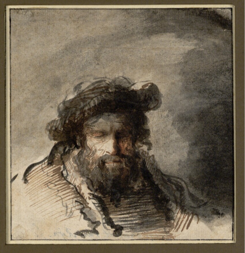 Govaert Flinck (Kleve 1615 - 1660 Amsterdam) | Kopfstudie eines bärtigen alten Mannes mit Kappe | Displayed motifs: Human face, Person, Thorn crown, Clothing, 