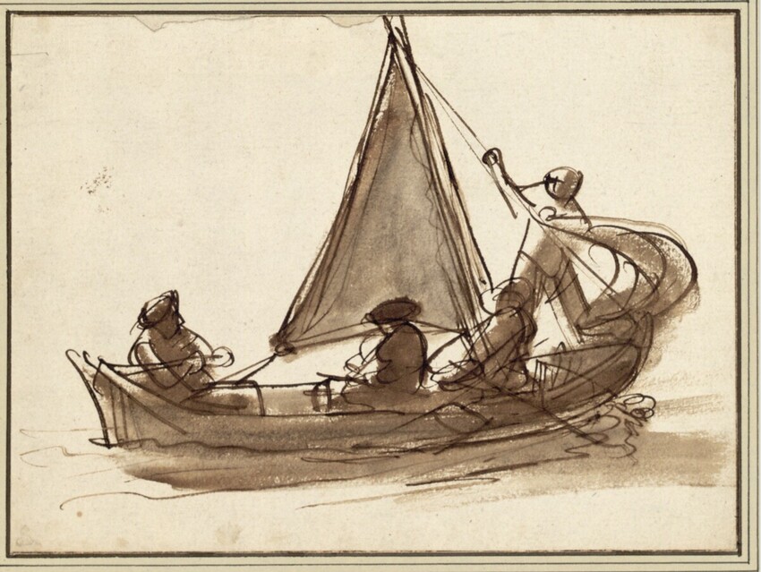 Anonym | Skizze eines kleinen Segelbootes mit vier Figuren darin | Displayed motifs: Boat, 