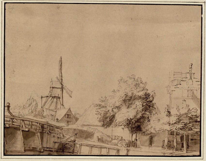 Anonym | Brücke und Häuser an einem Kanal, weiter hinten eine Windmühle | Displayed motifs: Tree, Boat, 