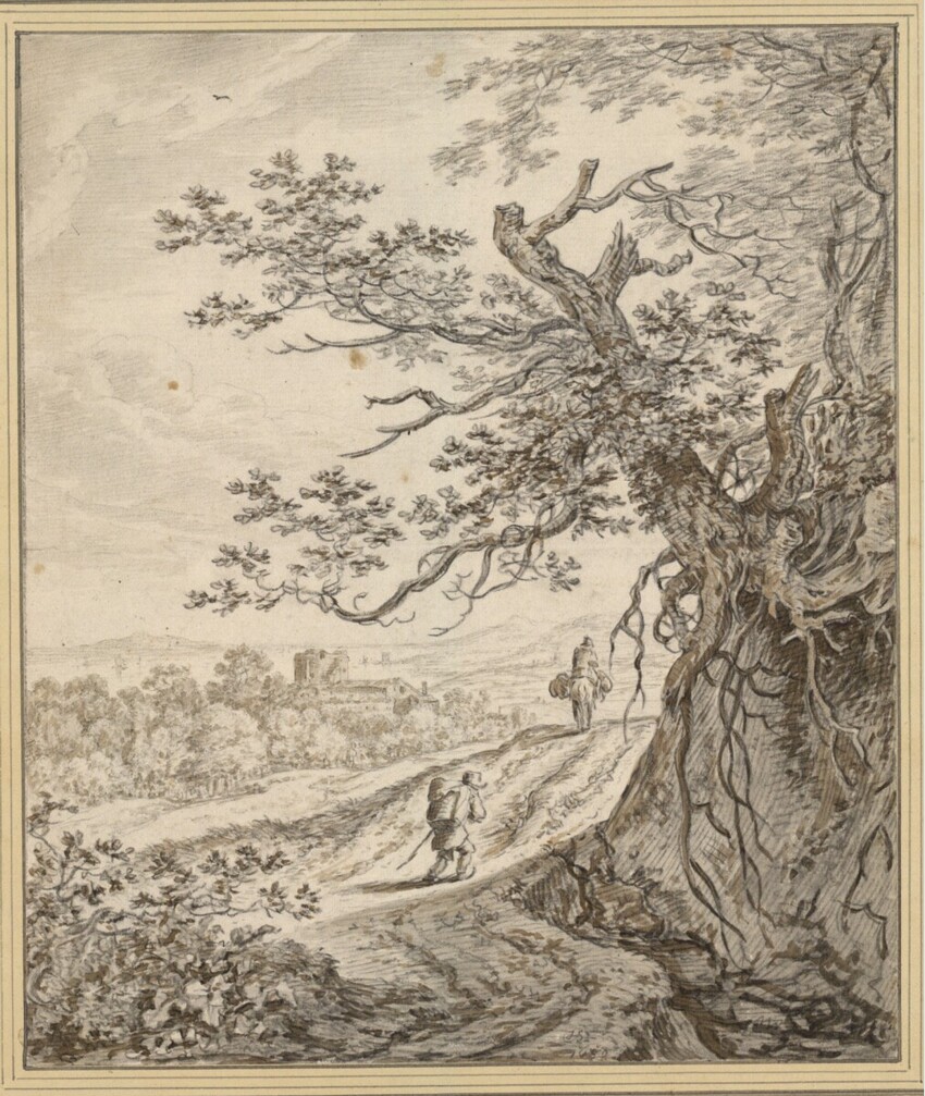 Herman Saftleven (Rotterdam 1609 - 1685 Utrecht) | Landstraße mit überhängenden Bäumen | Displayed motifs: Tree, Mammal, Coat of arms, Person, 