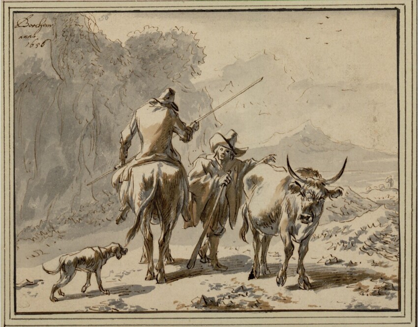 Nicolaes Pietersz. Berchem (Haarlem 1621/22 - 1683 Amsterdam) | Ein Maultiertreiber und ein Mann mit einem Ochsen auf der Landstraße | Displayed motifs: Cattle, Dog, Bull, Miter, Carnivore, Person, Horse, 