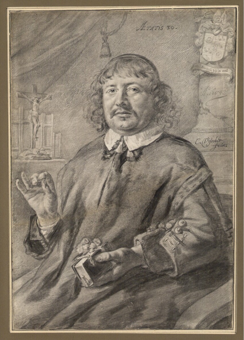 Cornelis Visscher (Haarlem 1628/29 - 1658 Haarlem) | Porträt eines 30jährigen Geistlichen, vor einer Säule mit Adelswappen sitzend | Displayed motifs: Coat of arms, Human face, Man, Latin cross, Clothing, Crucifixion, 