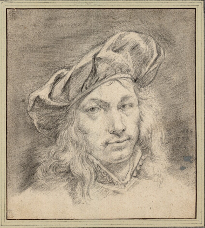 Adriaen van der Cabel (Rijswijk um 1630 - 1705 Lyon) | Selbstporträt, 34jährig mit Barett | Displayed motifs: Human face, Man, Halo, Thorn crown, 