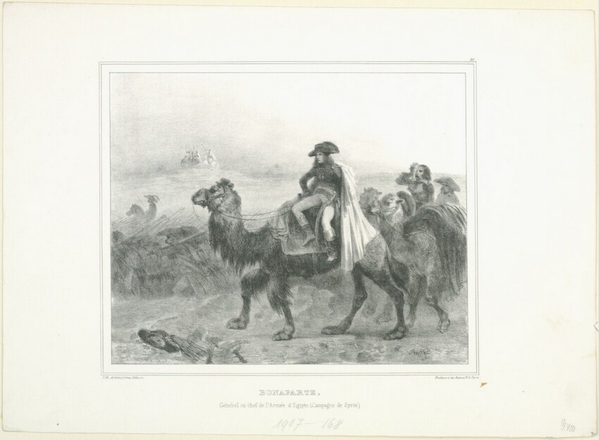 Auguste Raffet (Paris 1804 - 1860 Genua) | Bonaparte, Général en chef de l'Armée d'Egypte (Campagne de Syrie) | Displayed motifs: Camel, Animal, Person, Clothing, 