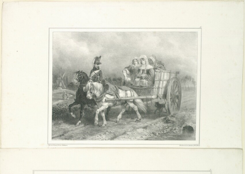 Auguste Raffet (Paris 1804 - 1860 Genua) | Ô! Hussard! Tes pièges sont connus | Displayed motifs: Cart, Horse, Person, Wheel, Mule, Animal, 