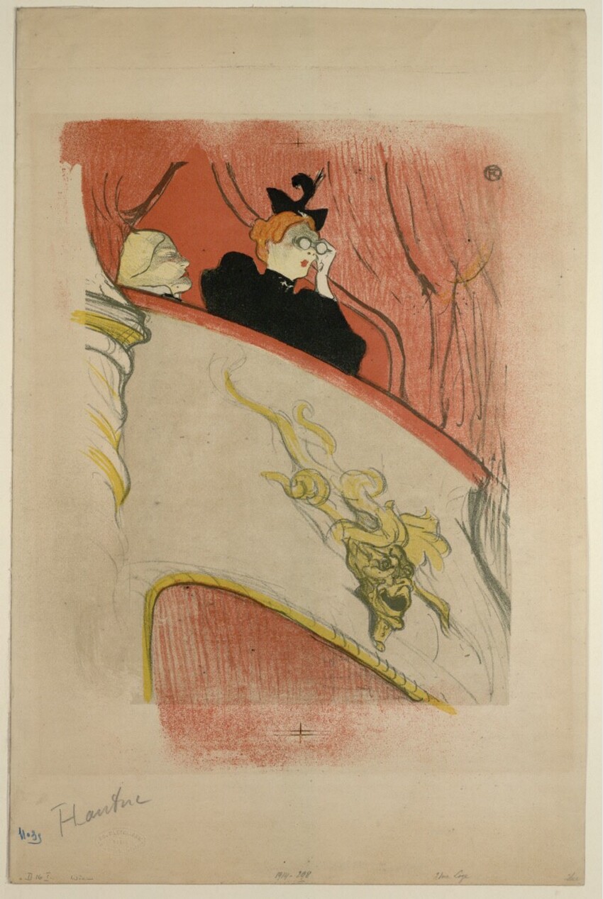 Henri de Toulouse-Lautrec (Albi 1864 - 1901 Schloss Malromé) | La Loge au Mascaron Doré | Displayed motifs: Clothing, Mammal, Animal, 