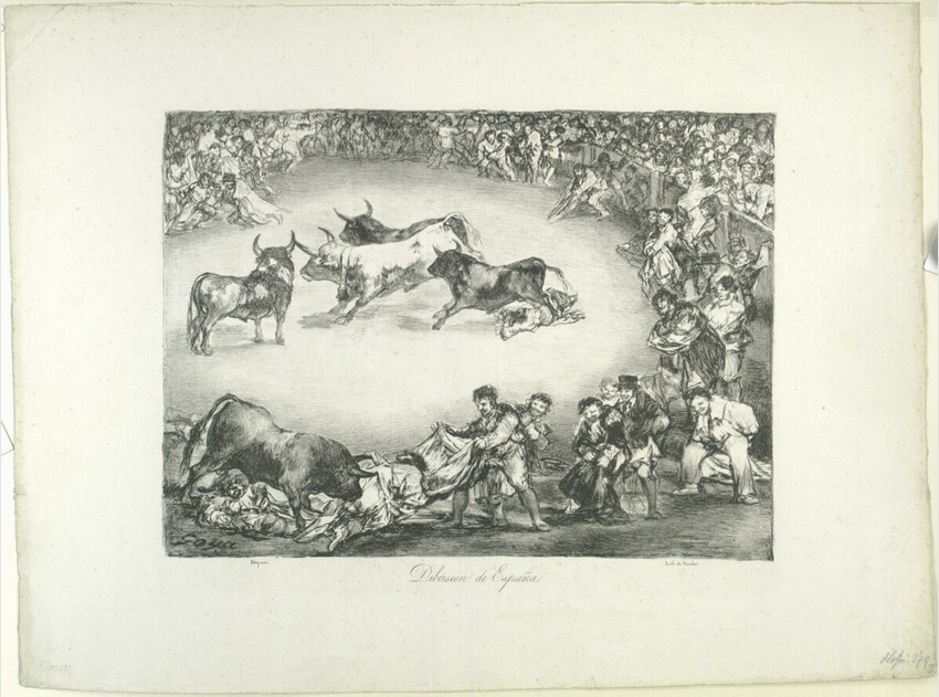 Francisco José de Goya y Lucientes (Fuendetodos, Aragón 1746 - 1828 Bordeaux) | Los Toros de Burdeos: Dibersion de España - Spanischer Zeitvertreib | Displayed motifs: Cattle, Bull, Person, Man, Animal, Goat, Clothing, 