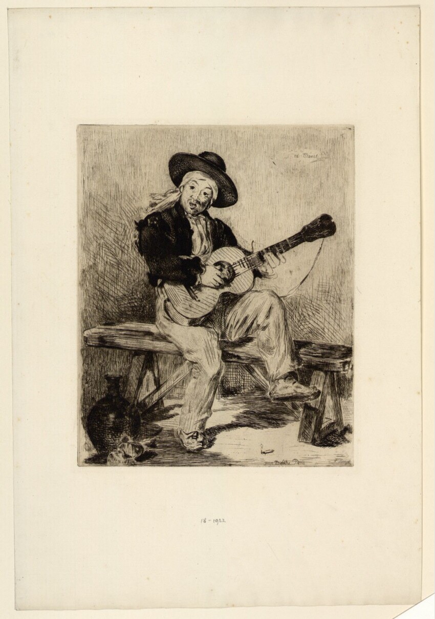 Edouard Manet (Paris 1832 - 1883 Paris) | Der spanische Sänger oder Der Gitarrenspieler | Displayed motifs: Guitar, Man, Human face, Hat, Person, Clothing, 