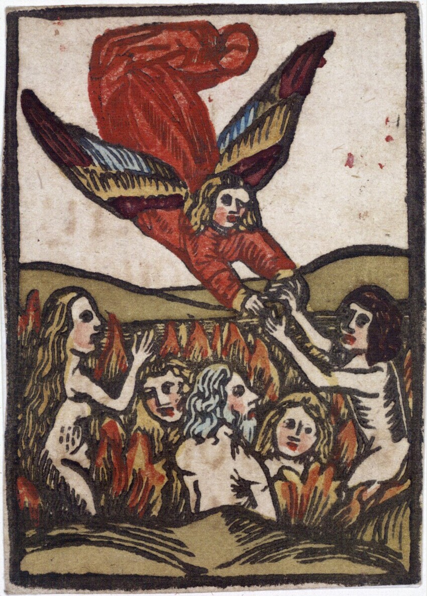 Anonym | Das Fegefeuer | Displayed motifs: Owl, Human face, Person, Woman, Clothing, 