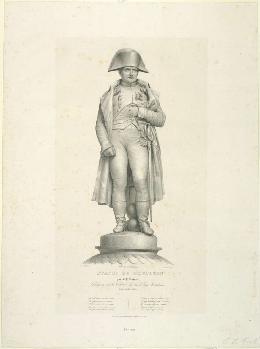 Zéphirin Belliard (Marseille 1798 - 1861 Paris) | Statue de Napoléon, Place Vendome | Displayed motifs: Clothing, Helmet, Human face, Person, 