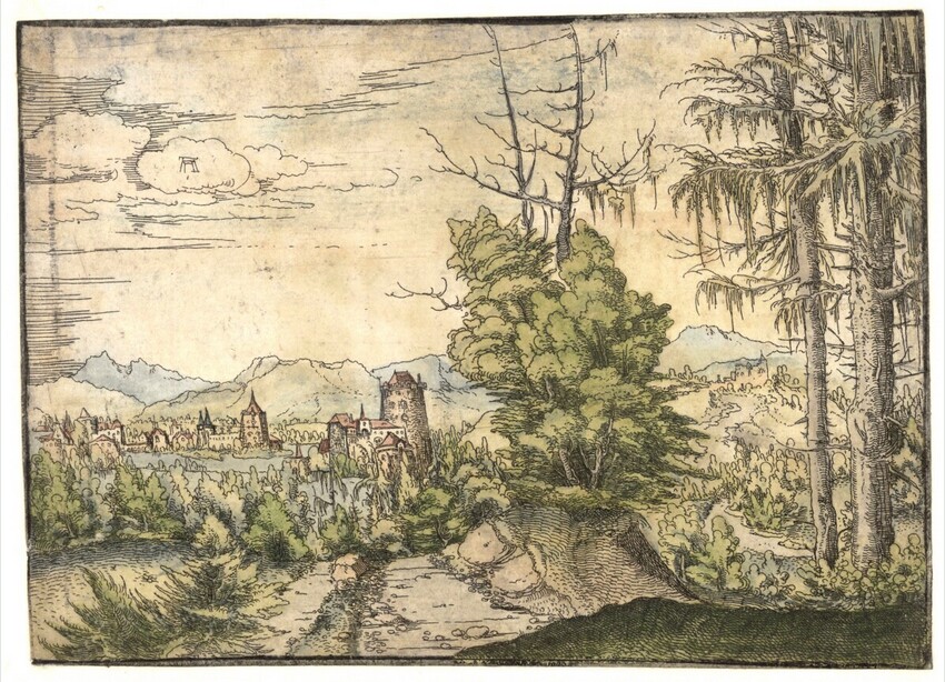 Albrecht Altdorfer (Deutschland, 1480 - 1538) | Landschaft mit zwei Fichten und einer Burg | Displayed motifs: Tree, Human face, Reptile, 