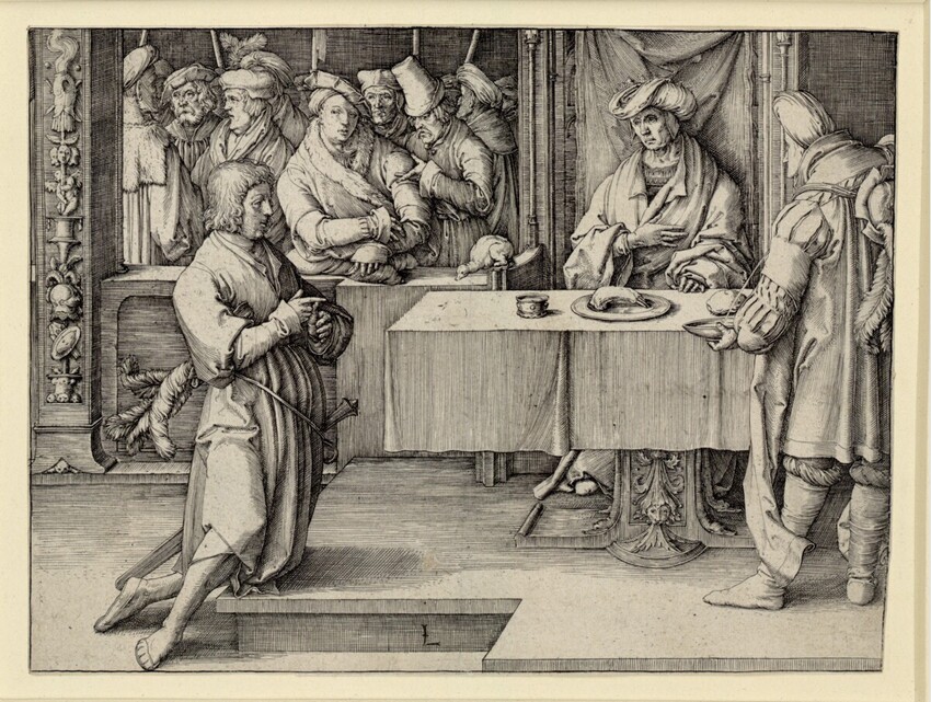 Lucas Hugensz. van Leyden (Leiden 1494 - 1533 Leiden) | Joseph deutet die Träume des Pharaos | Displayed motifs: Clothing, Table, Footwear, Person, Human face, Man, 